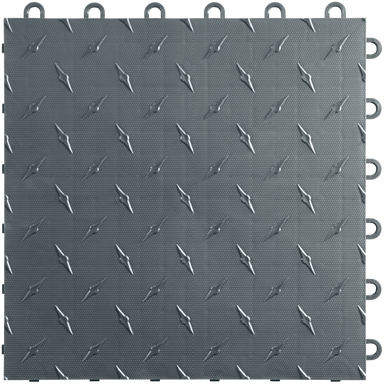 Gray interlocking floor tile with diamond plate pattern
