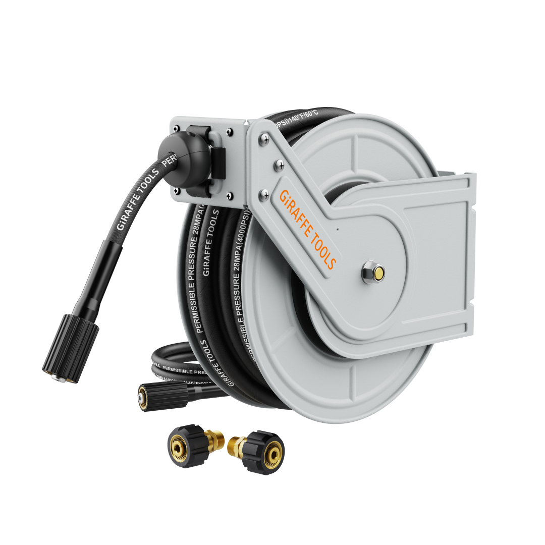 Giraffe Tools Retractable Pressure Washer Hose Reel - Steel Auto Rewind