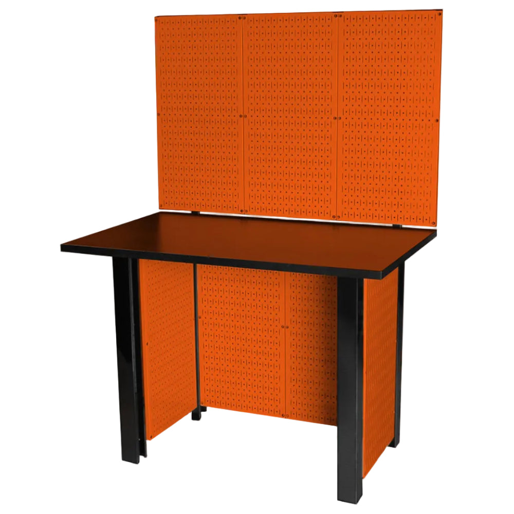 Black workbench with orange pegboards against a white background