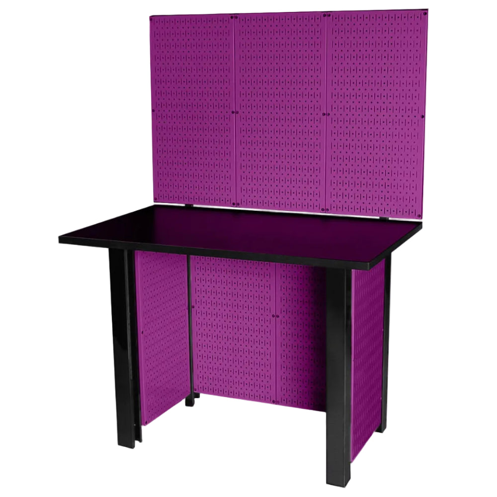 Black workbench with purple pegboards against a white background