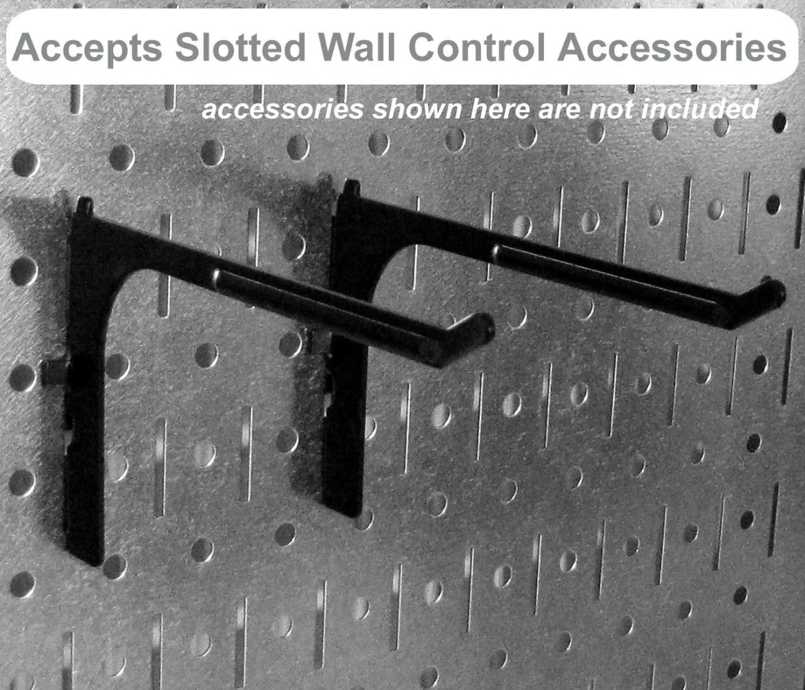 Black slotted wall control accessories on a pegboard with text indicating accessories are not included.