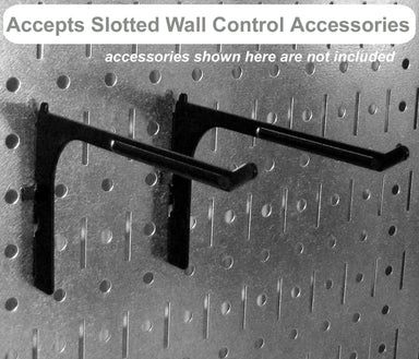Black slotted wall control accessories on a pegboard with text indicating accessories are not included.