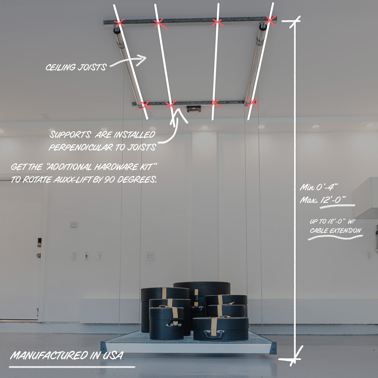 Auxx-Lift Motorized Garage Ceiling Storage Lift dimensions