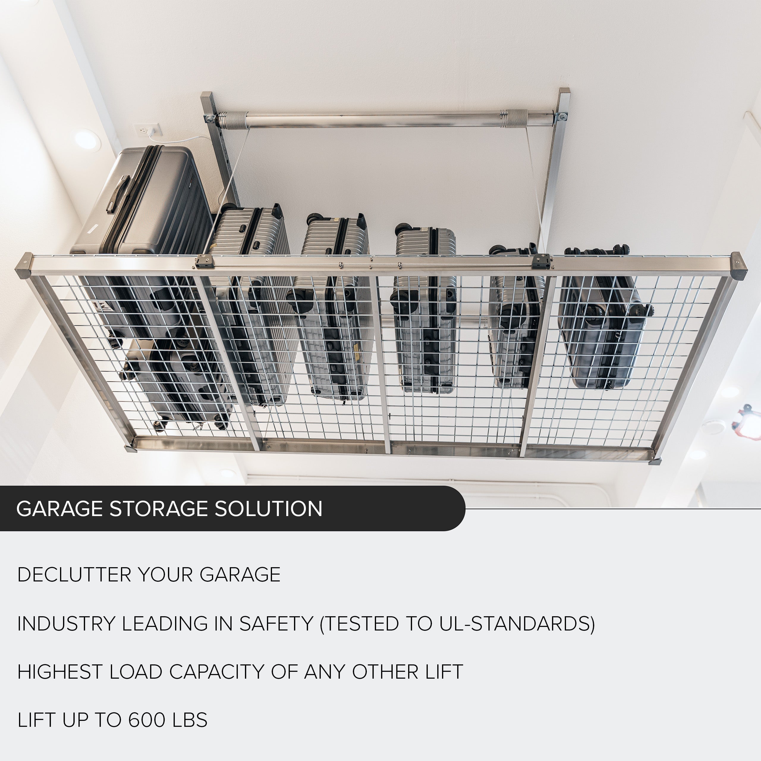 Auxx-Lift Motorized Garage Ceiling Storage Lift with luggage stored