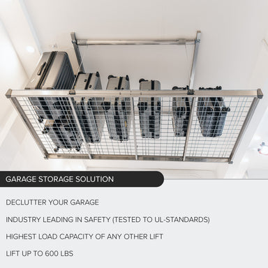 Auxx-Lift Motorized Garage Ceiling Storage Lift with luggage stored