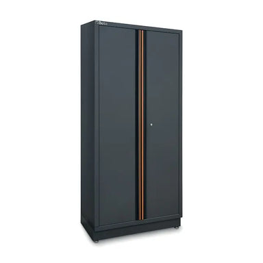 Black storage cabinet with a orange stripe on a white background