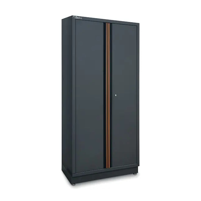 Black storage cabinet with a orange stripe on a white background