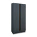 Black storage cabinet with a orange stripe on a white background
