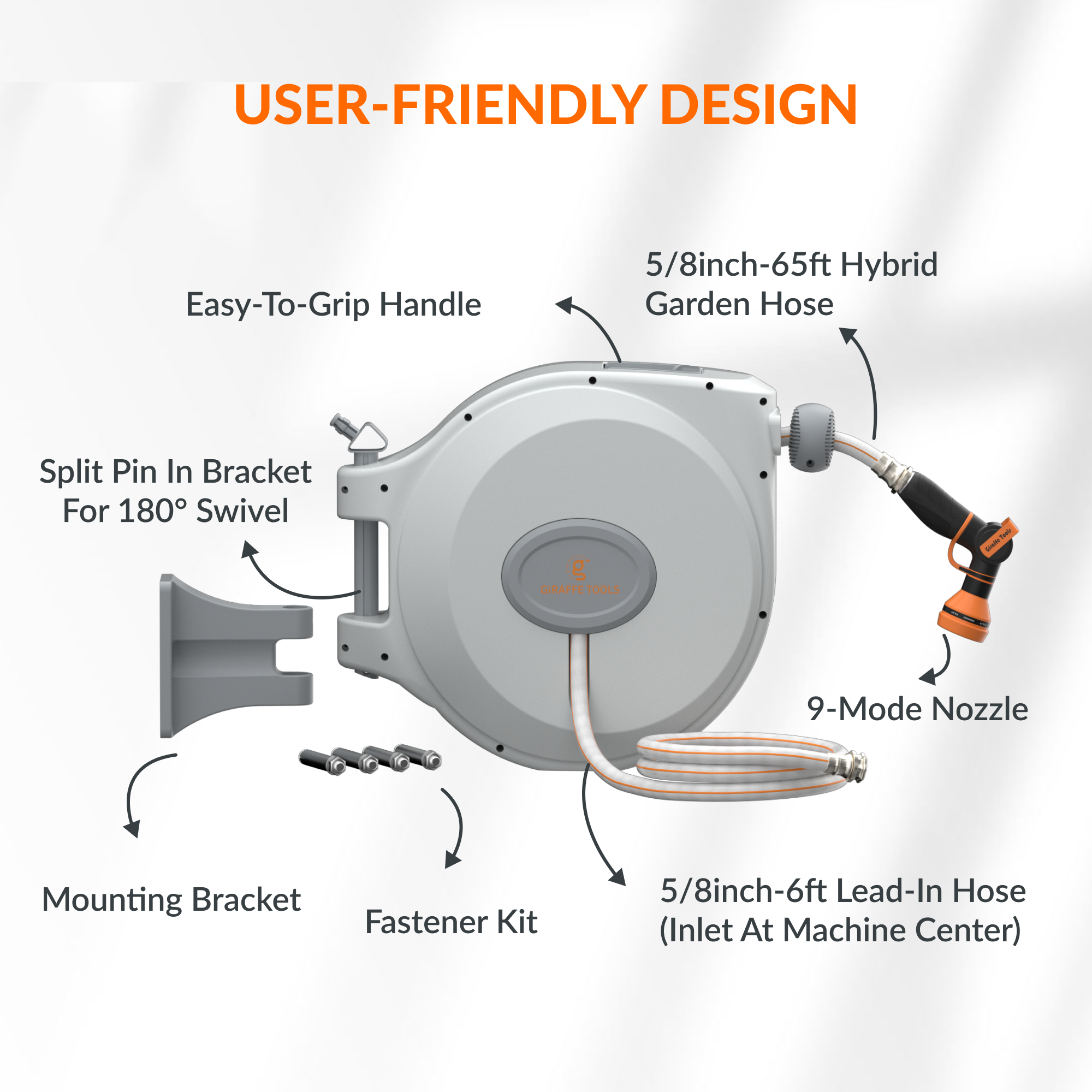 Giraffe Tools Retractable Garden Hose Reel - 65ft 5/8" Auto Rewind Wall Mount