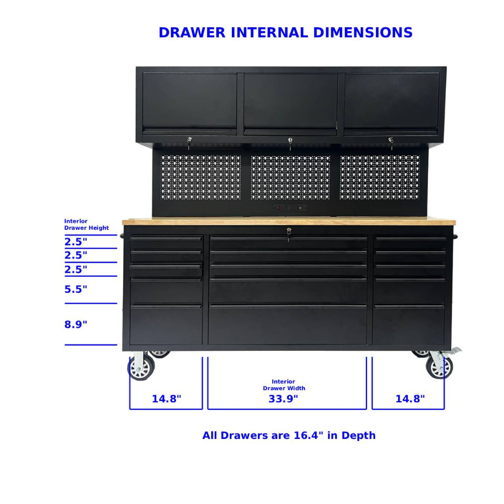 Black garage workbench with drawer dimensions labeled on a white background