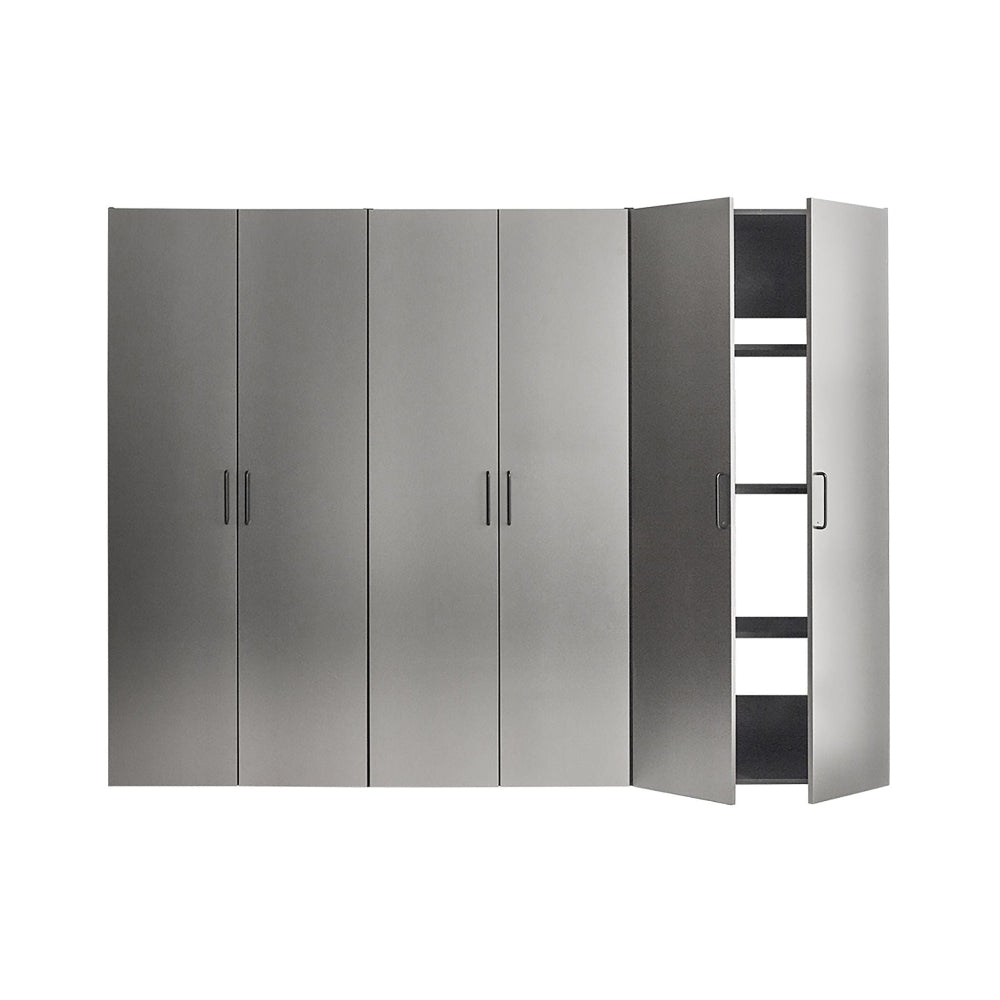 Gray wardrobe with open door on a white background