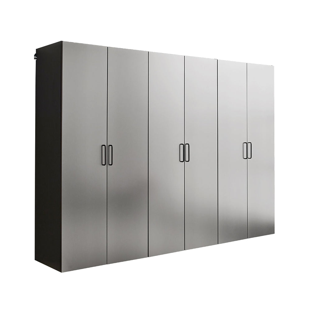 Metallic storage cabinet with multiple doors on a white background