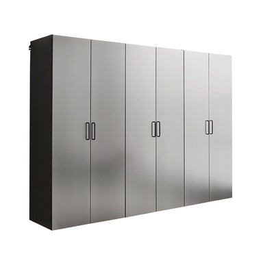 Metallic storage cabinet with multiple doors on a white background