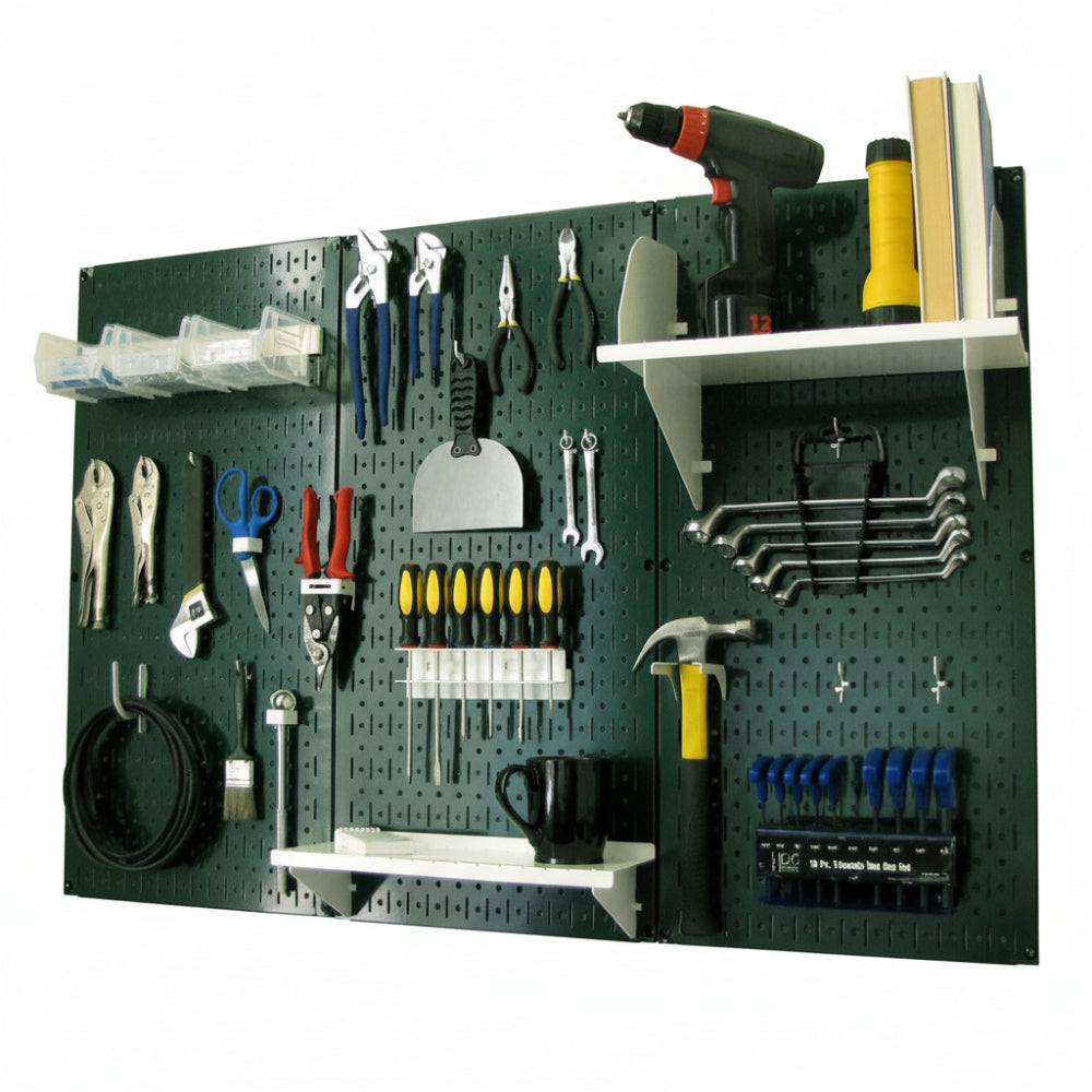 Green pegboard with tools and equipment and white shelves against a white background