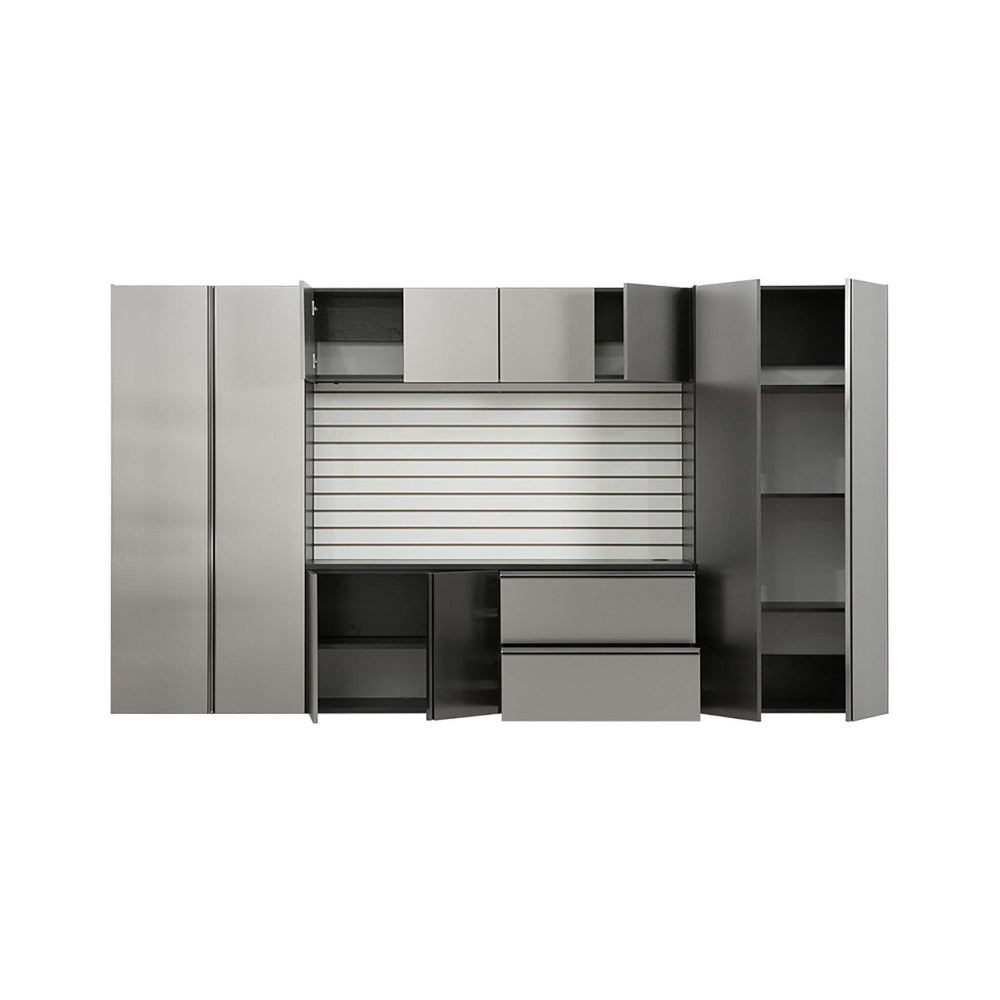 Modern garage cabinets with multiple doors and shelves on a white background