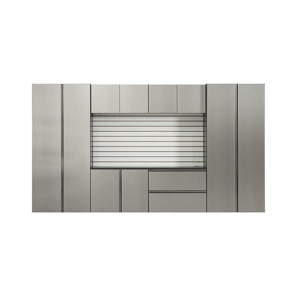 Modern metallic door with geometric design on a white background