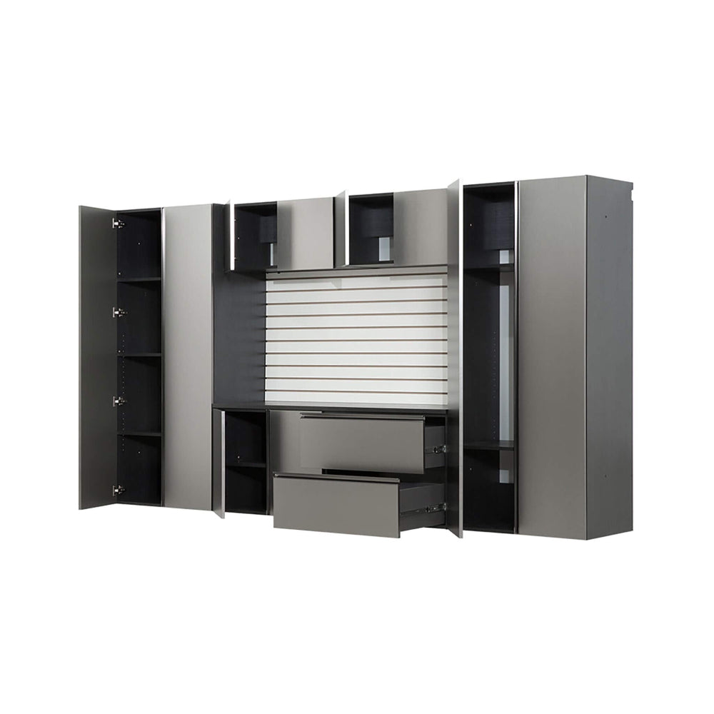 Modern gray garage cabinets with open doors on a white background