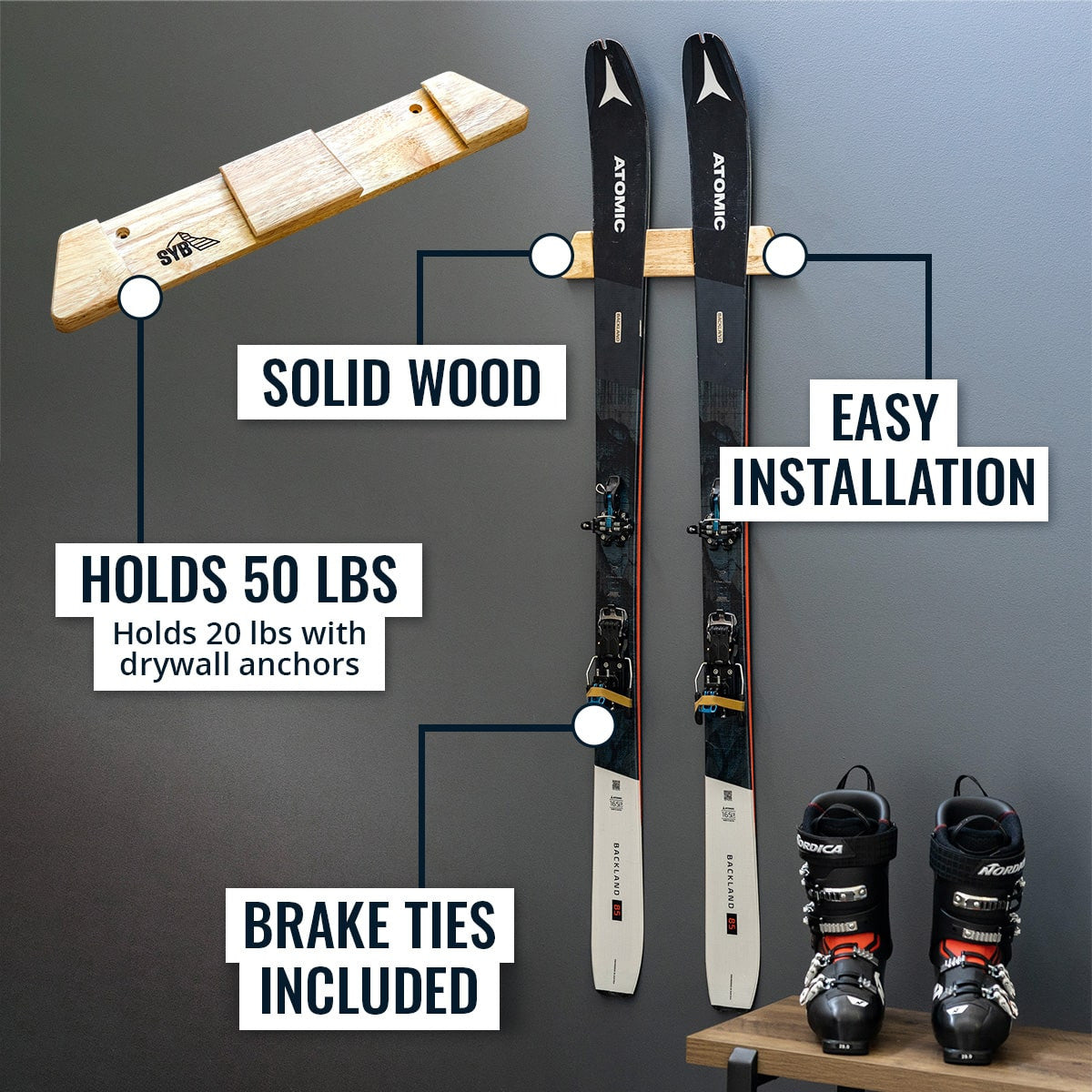 StoreYourBoard Vail Ski Display | Minimalist Wood Rack | Large