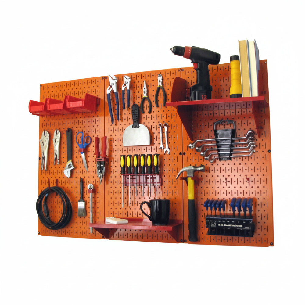 Orange pegboard wall with various tools and equipment on a white background