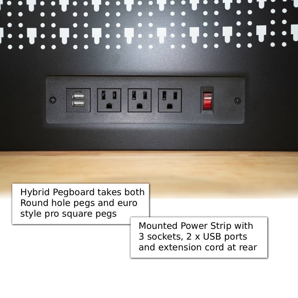 Power strip with multiple sockets and USB ports mounted on a hybrid pegboard.