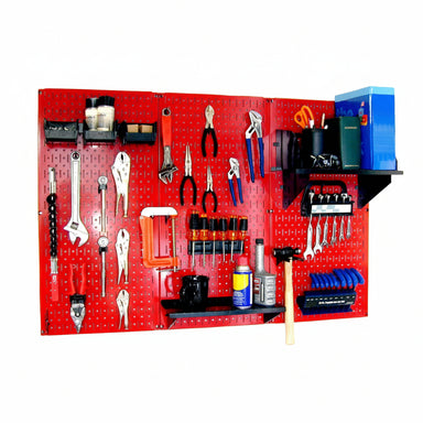 Red pegboard wall with various tools and equipment on a white background