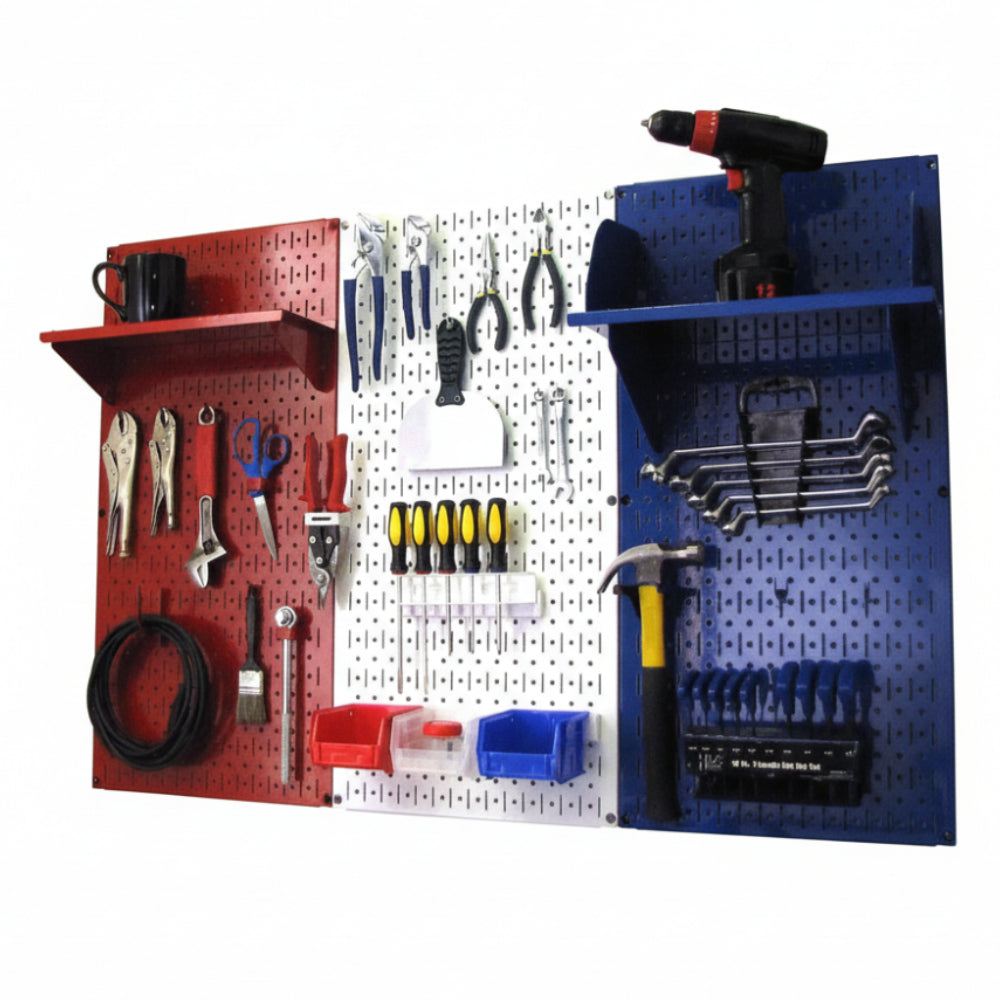 Red white and blue pegboard Wall-mounted tool organizer with various tools on a white background