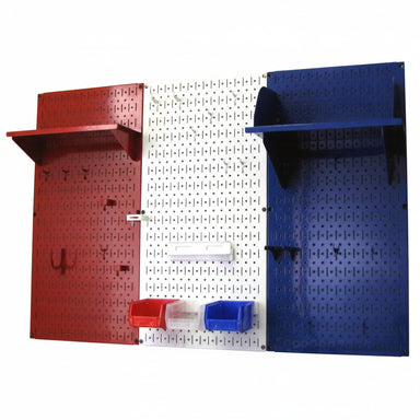 Pegboard wall system with red and blue shelves and storage bins on a white background
