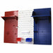 Pegboard wall system with red and blue shelves and storage bins on a white background