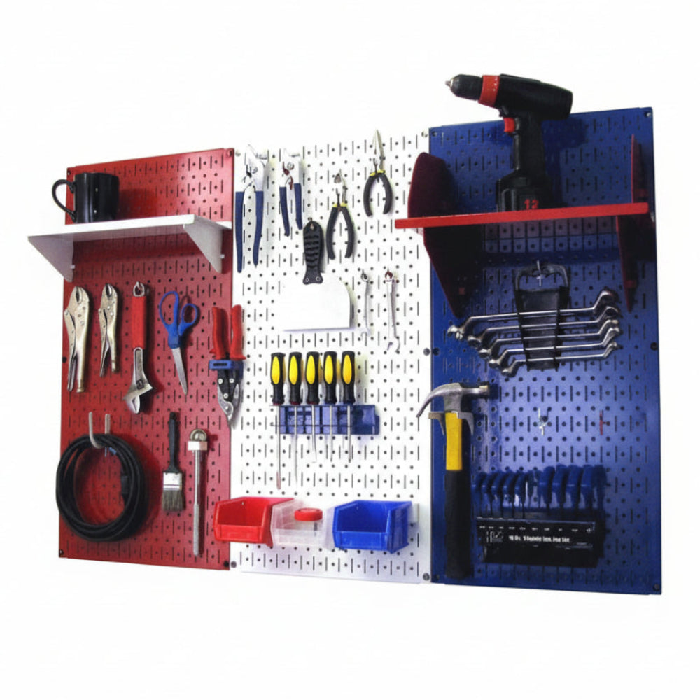 Red white and blue pegboard Wall-mounted tool organizer with various tools on a white background