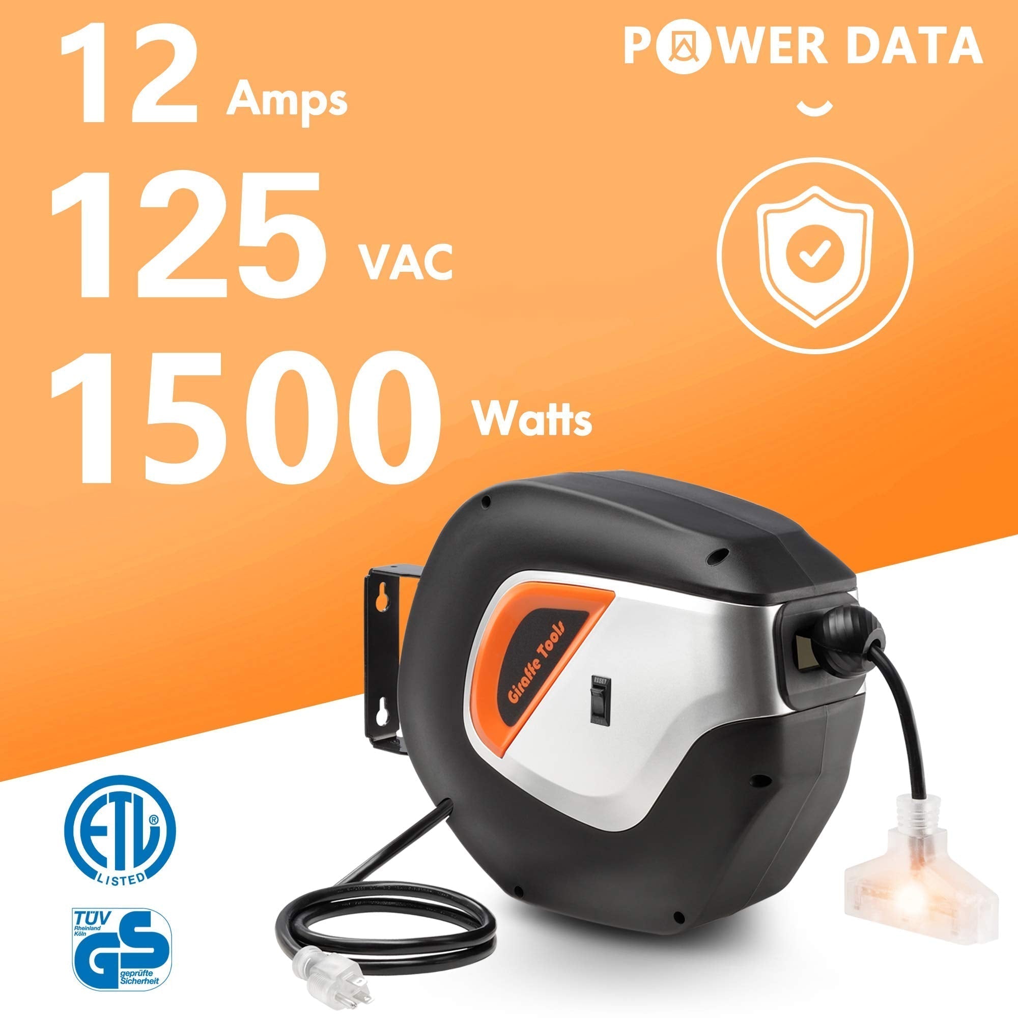 Giraffe Tools Retractable Extension Cord Reel - Auto Rewind with 3 Outlets