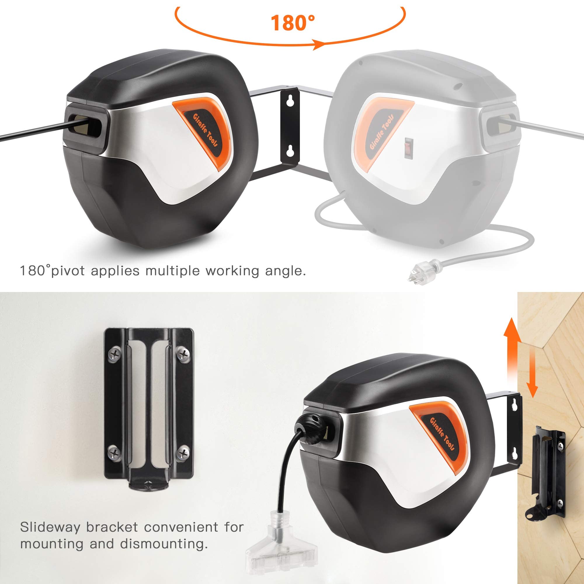 Giraffe Tools Retractable Extension Cord Reel - Auto Rewind with 3 Outlets